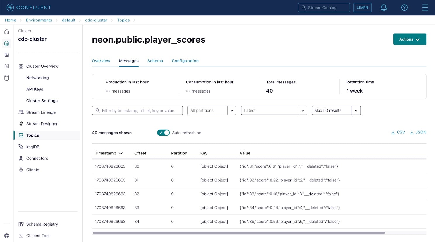 Viewing messages in a topic on Confluent Cloud.